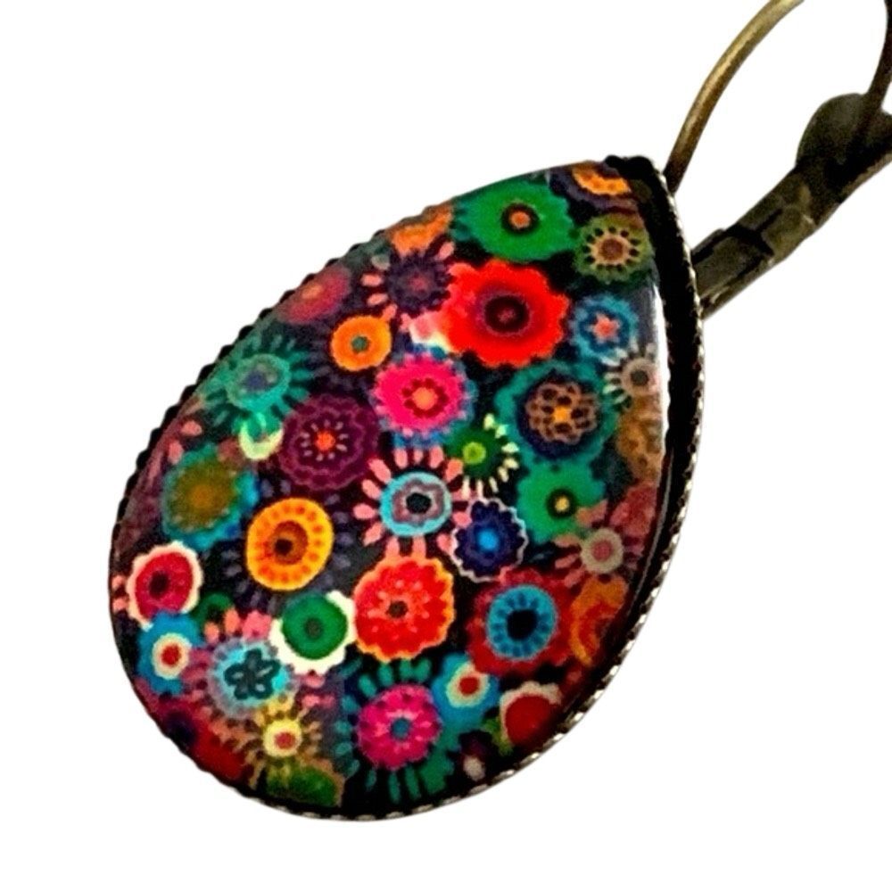 Color Pop ’60s Style Glass Teardrop Earrings Bronze Tone